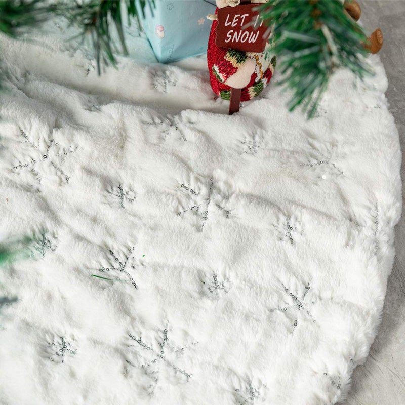 DegGod Plush Christmas Tree Skirts, 48 inches Luxury Snowy White Faux Fur Xmas Tree Base Cover Mat with Silver Snowflakes for Xmas New Year Home Party Decorations - Image 3